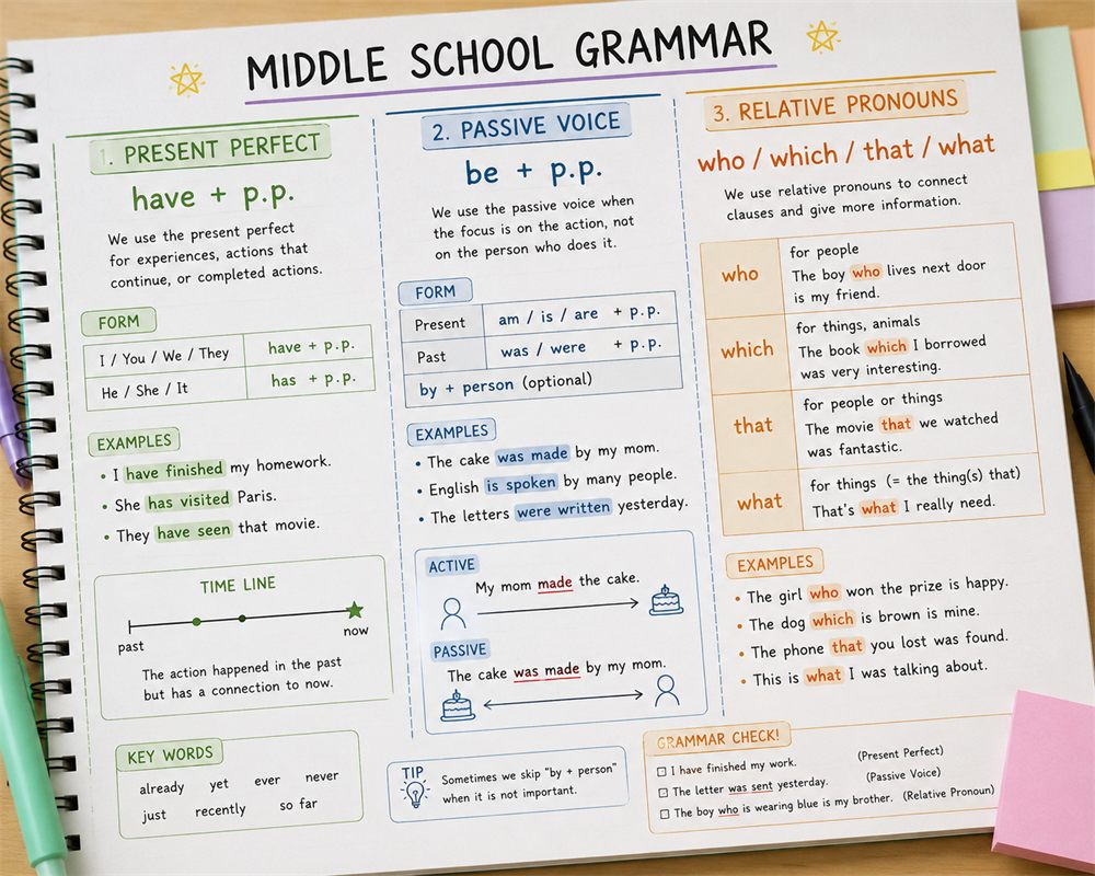 중등 문법 - Middle School Grammar (Present Perfect, Passive Voice, Relative Pronouns)
